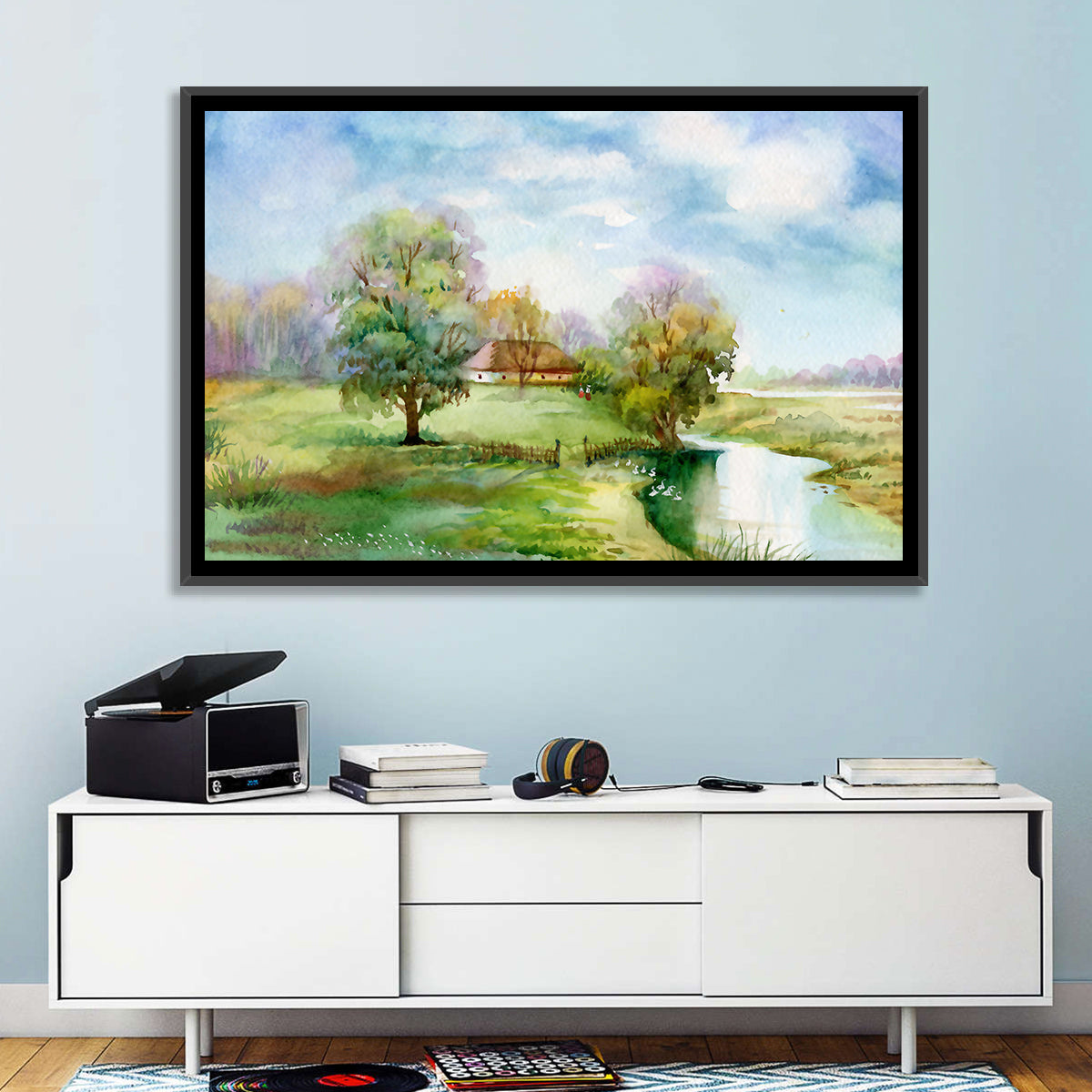 Spring Cottage by the Stream Wall Art in a room, landscape