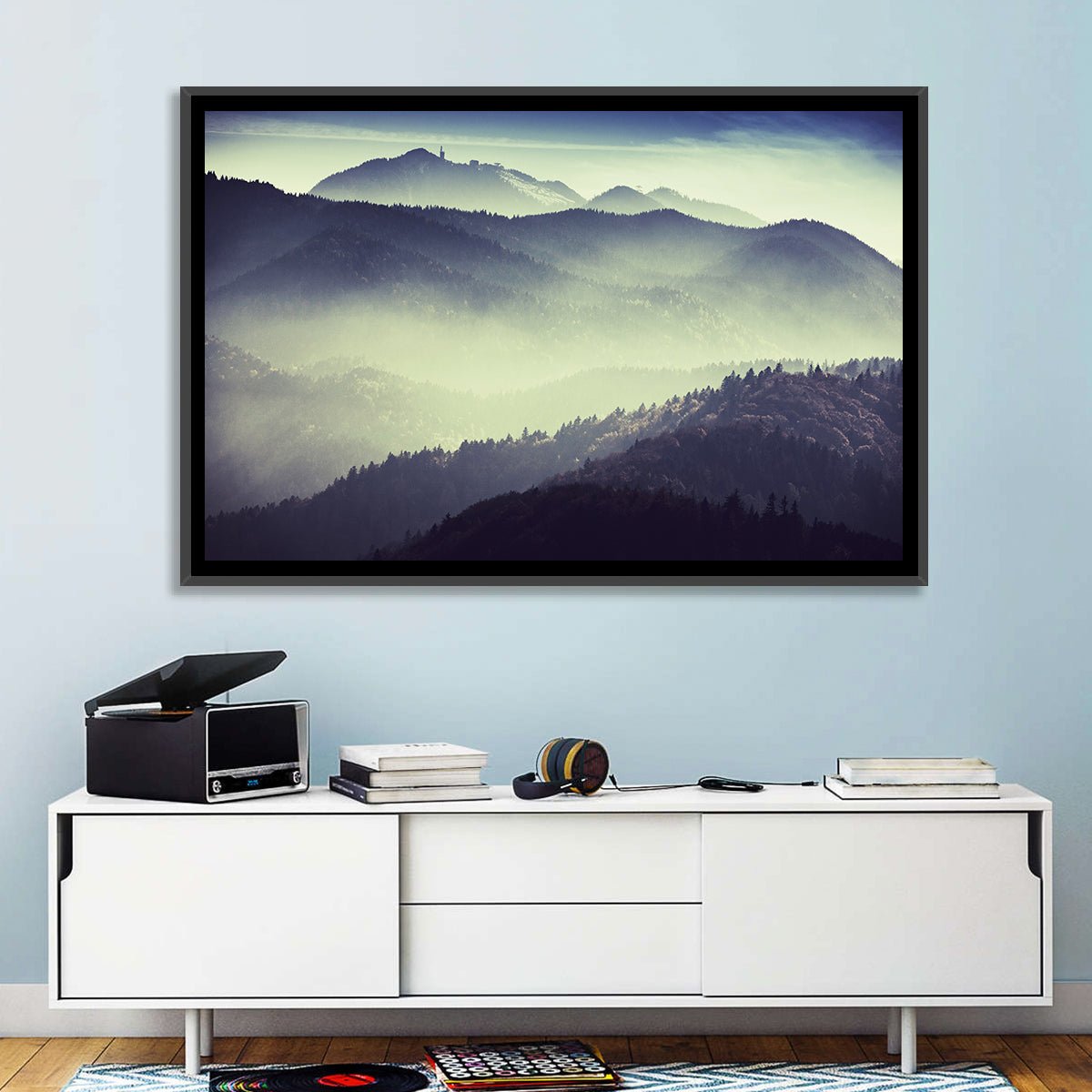 Foggy Forest Valley Wall Art in a room, landscape