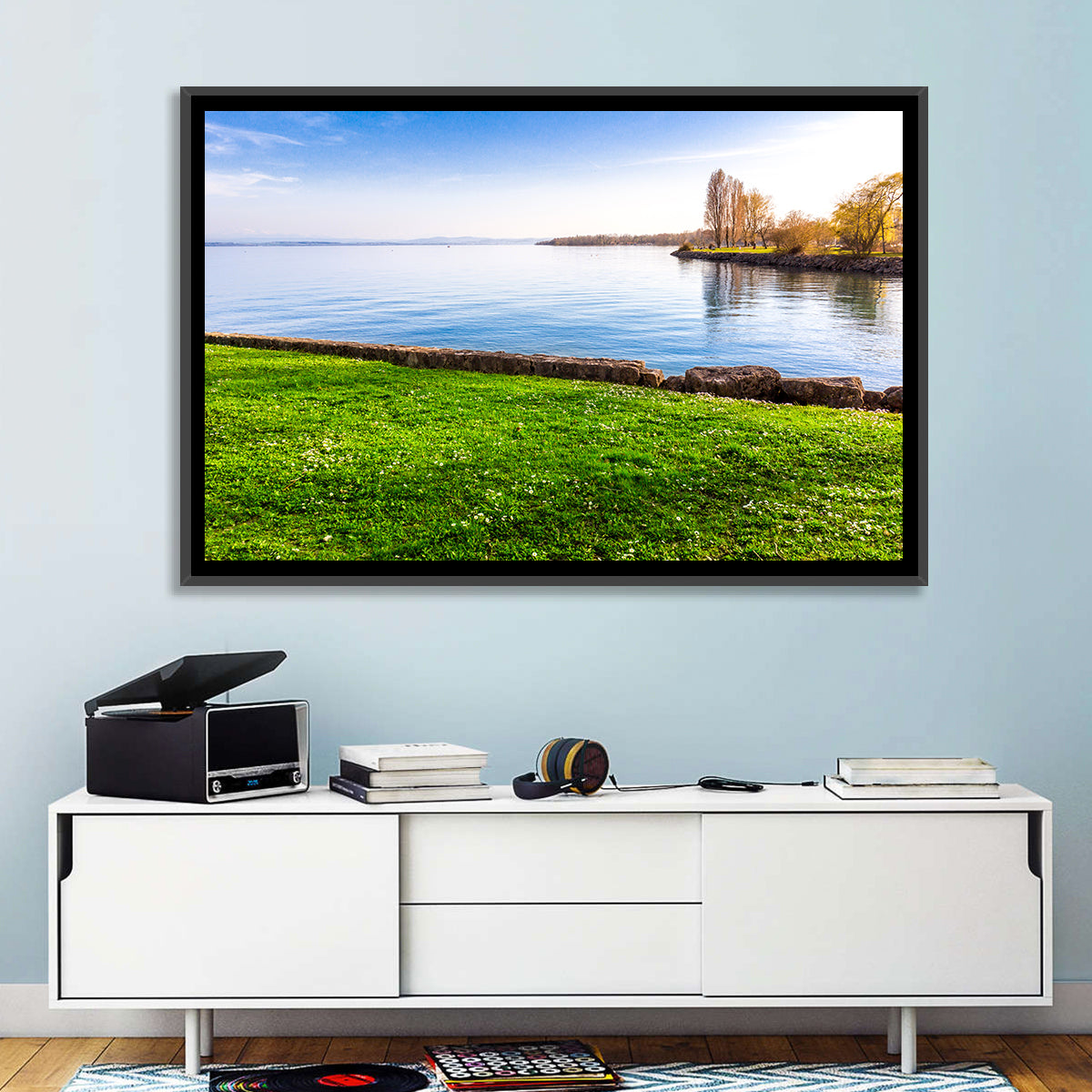 Lake Neuchatel Meadow Wall Art in a room, landscape