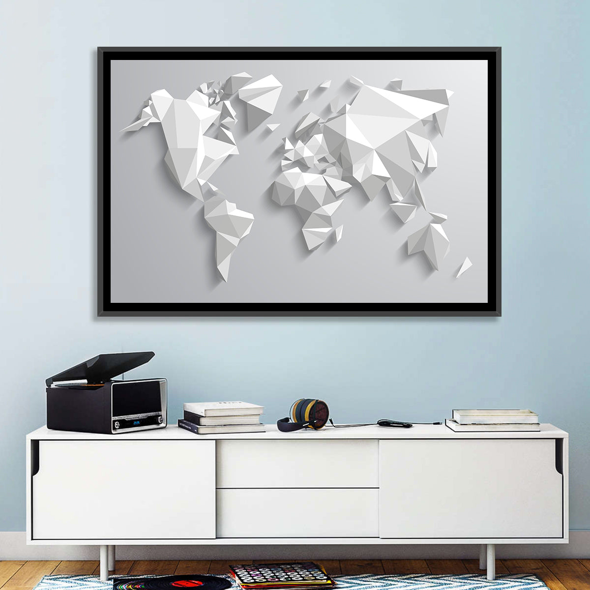 Faceted Triangular World Map Wall Art in a room, landscape