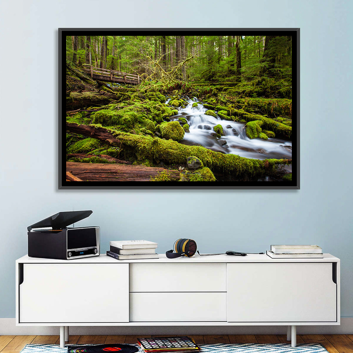Mossy Cascade Forest Stream Wall Art in a room, landscape