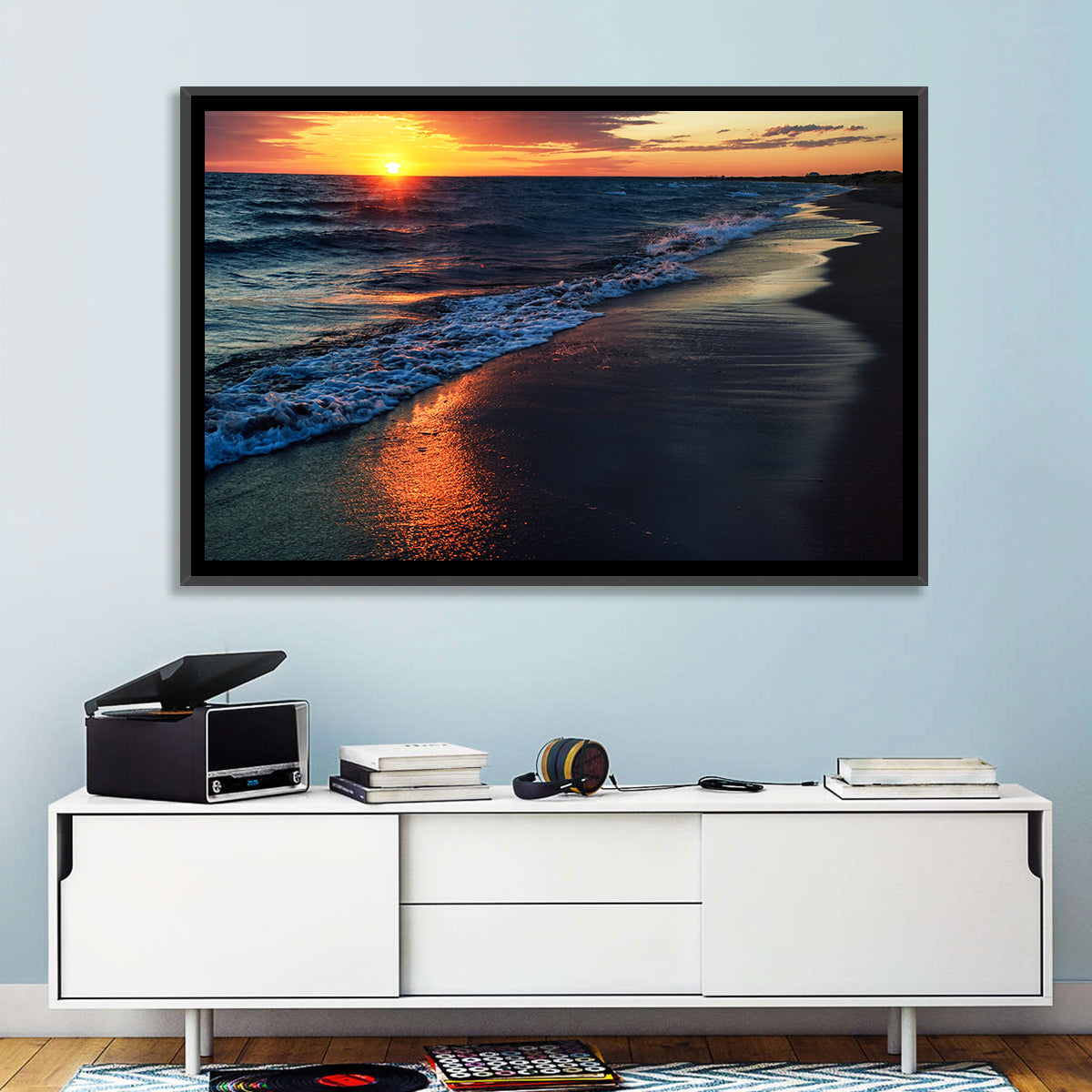 Lake Balkhash Golden Dusk Wall Art in a room, landscape