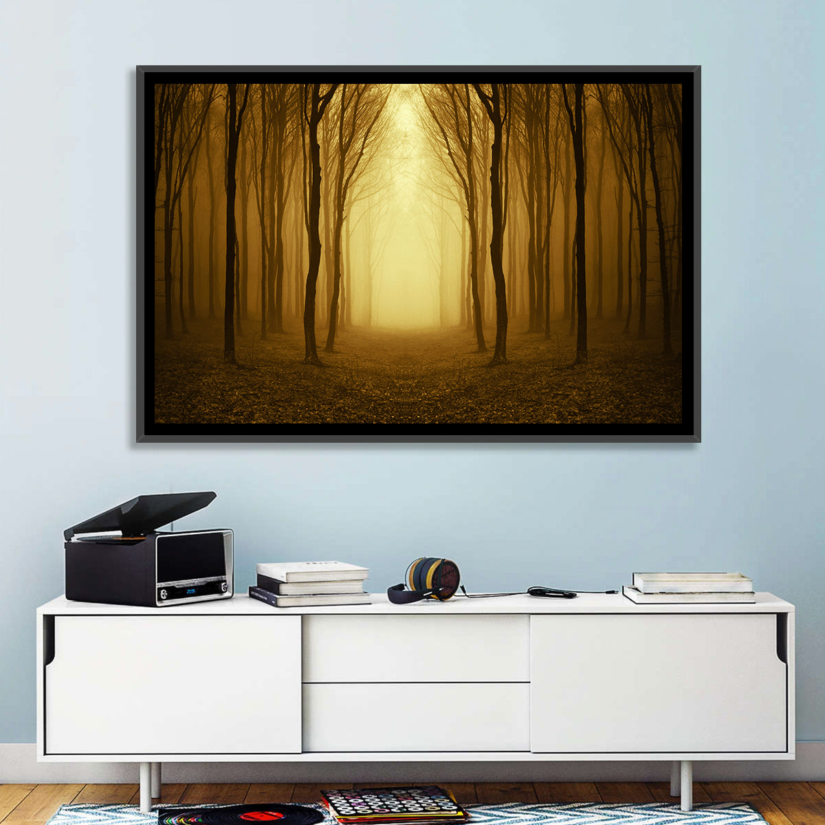 Lonely Forest Path Wall Art in a room, landscape