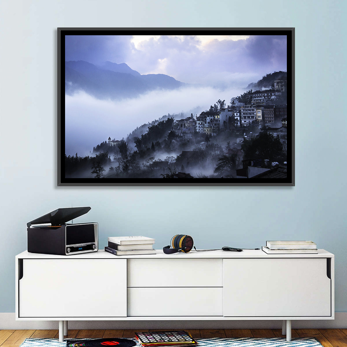 Misty Hillside Town Wall Art in a room, landscape