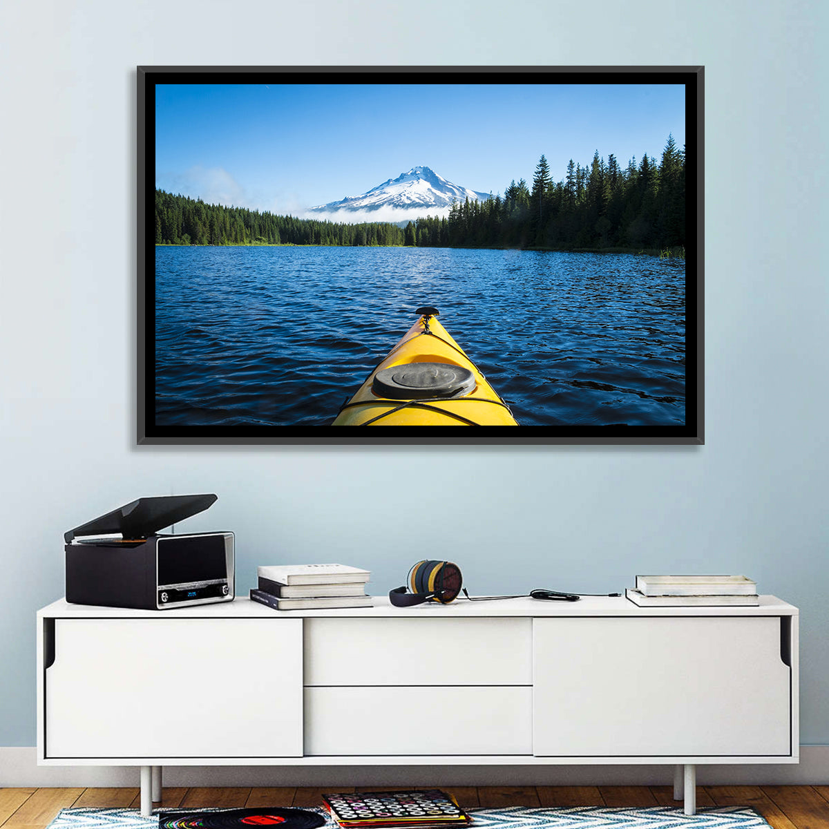 Yellow Kayak at Trillium Lake Wall Art in a room, landscape