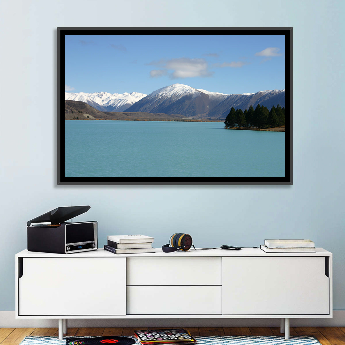 Turquoise Lake Pukaki Wall Art in a room, landscape