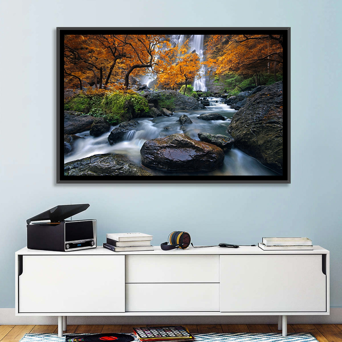 Konglan Autumn Waterfall Wall Art in a room, landscape