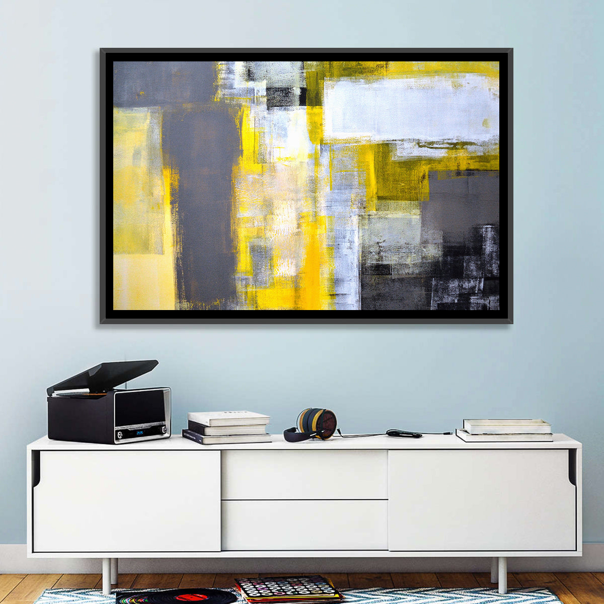 Yellow and Gray Color Block Abstract Wall Art in a room, landscape