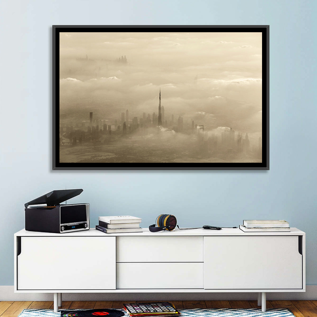 Dubai Haze Over Burj Khalifa Wall Art in a room, landscape