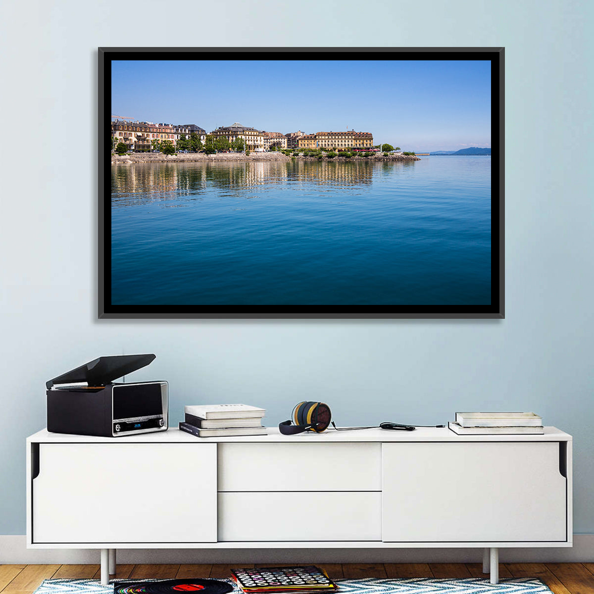 Tranquil Lake Neuchatel Wall Art in a room, landscape