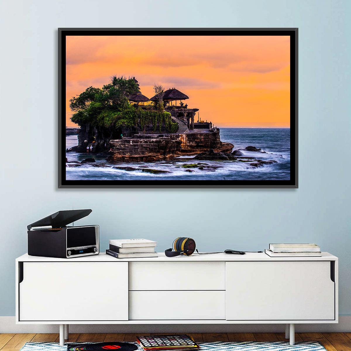 Tanah Lot Temple at Sunset Wall Art in a room, landscape