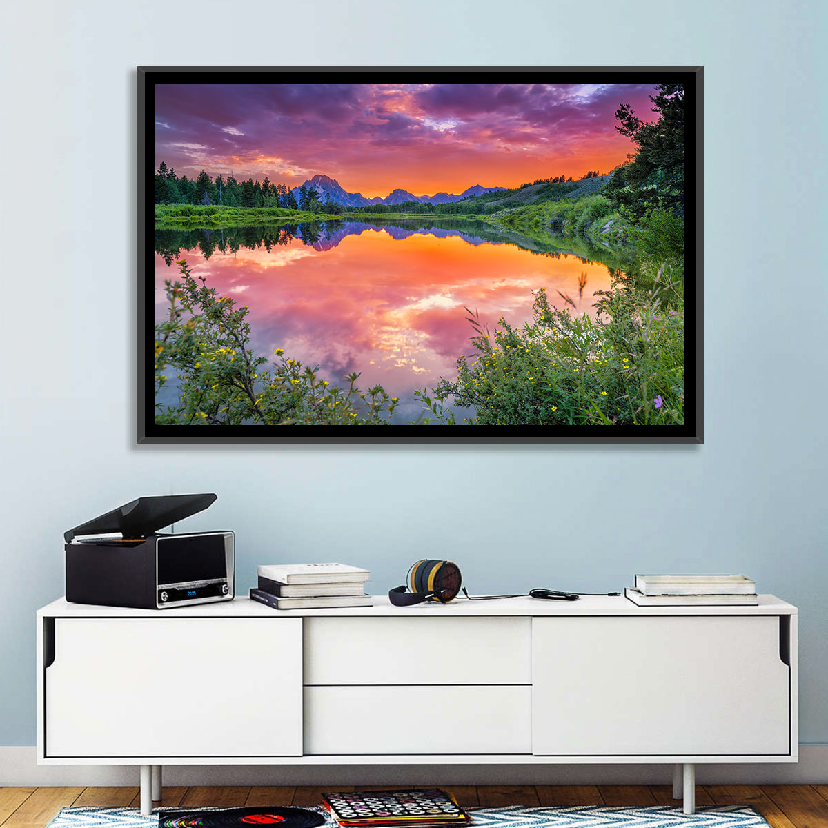 Oxbow Bend Sunset Wall Art in a room, landscape