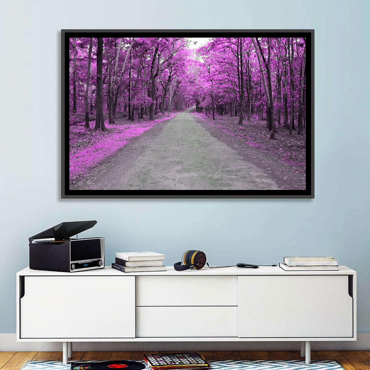 Magenta Autumn Forest Road Wall Art in a room, landscape