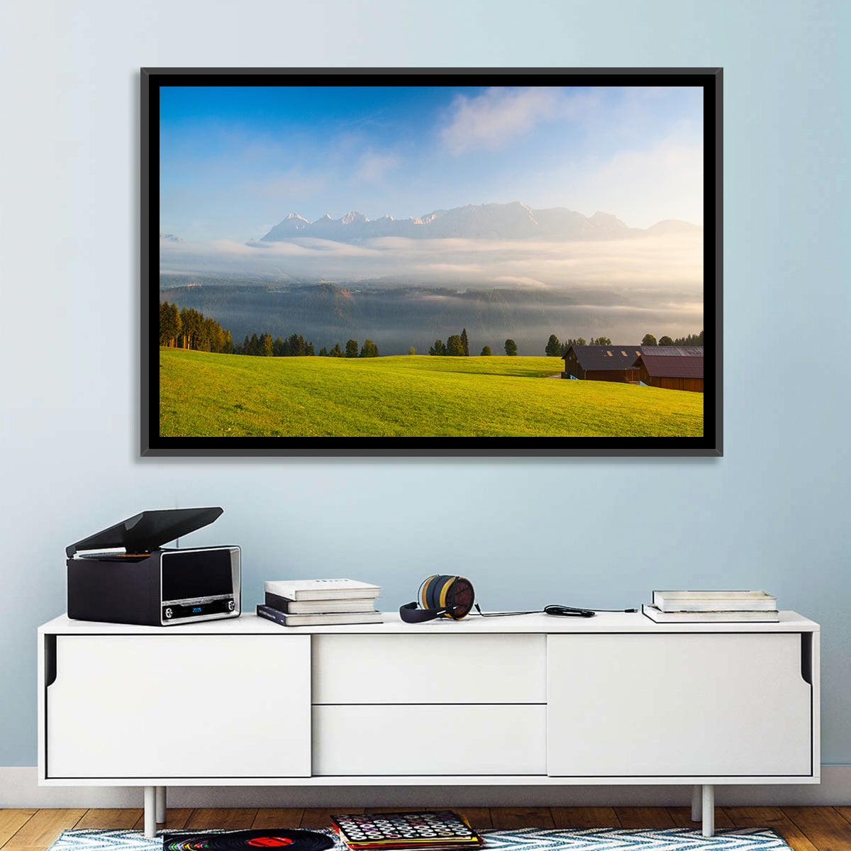 Sunlit Mountain Clouds Wall Art in a room, landscape