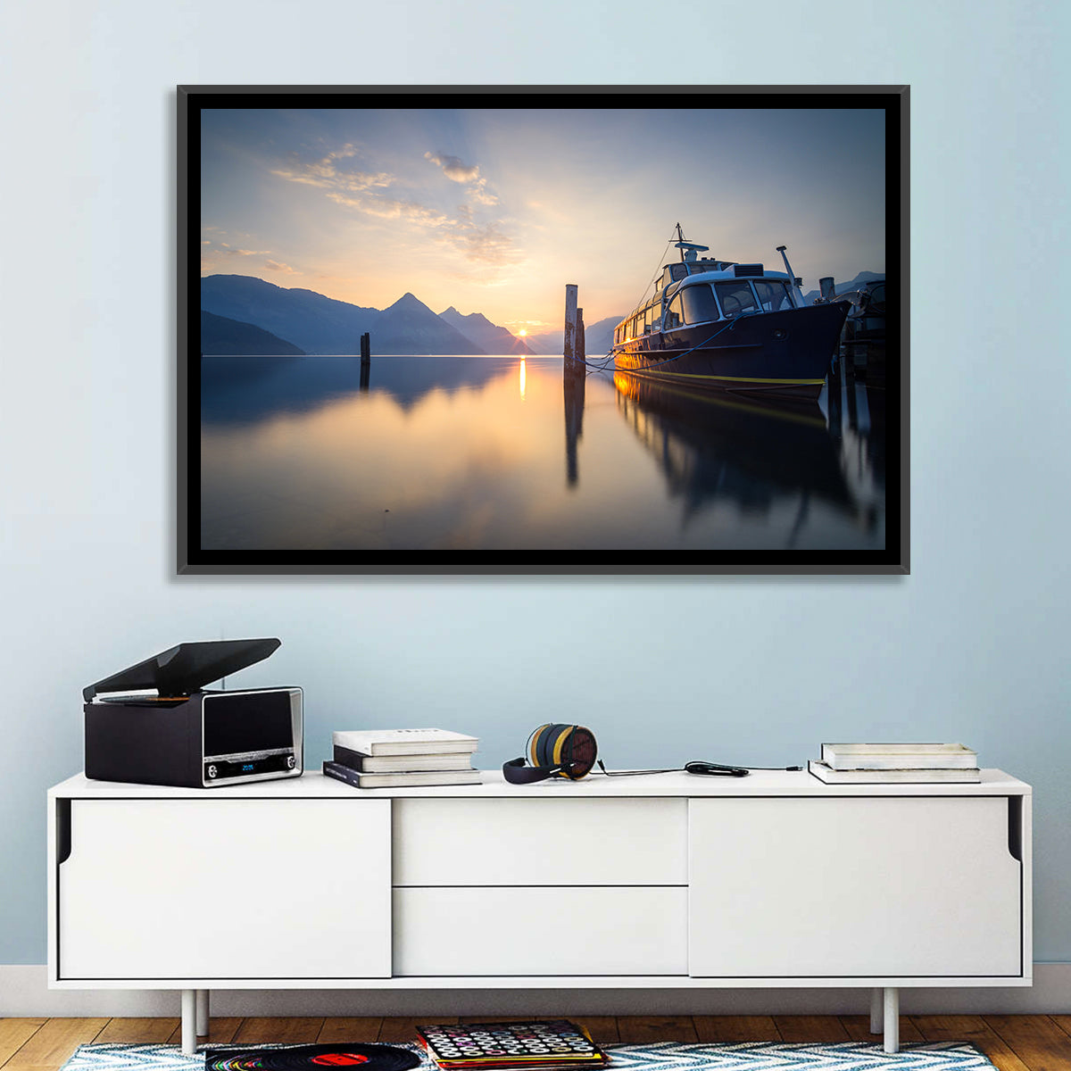 Lake Lucerne Sunset Wall Art in a room, landscape