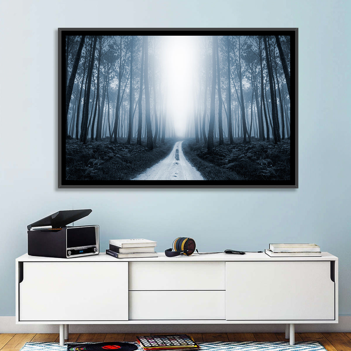 Misty Forest Road at Twilight Wall Art in a room, landscape