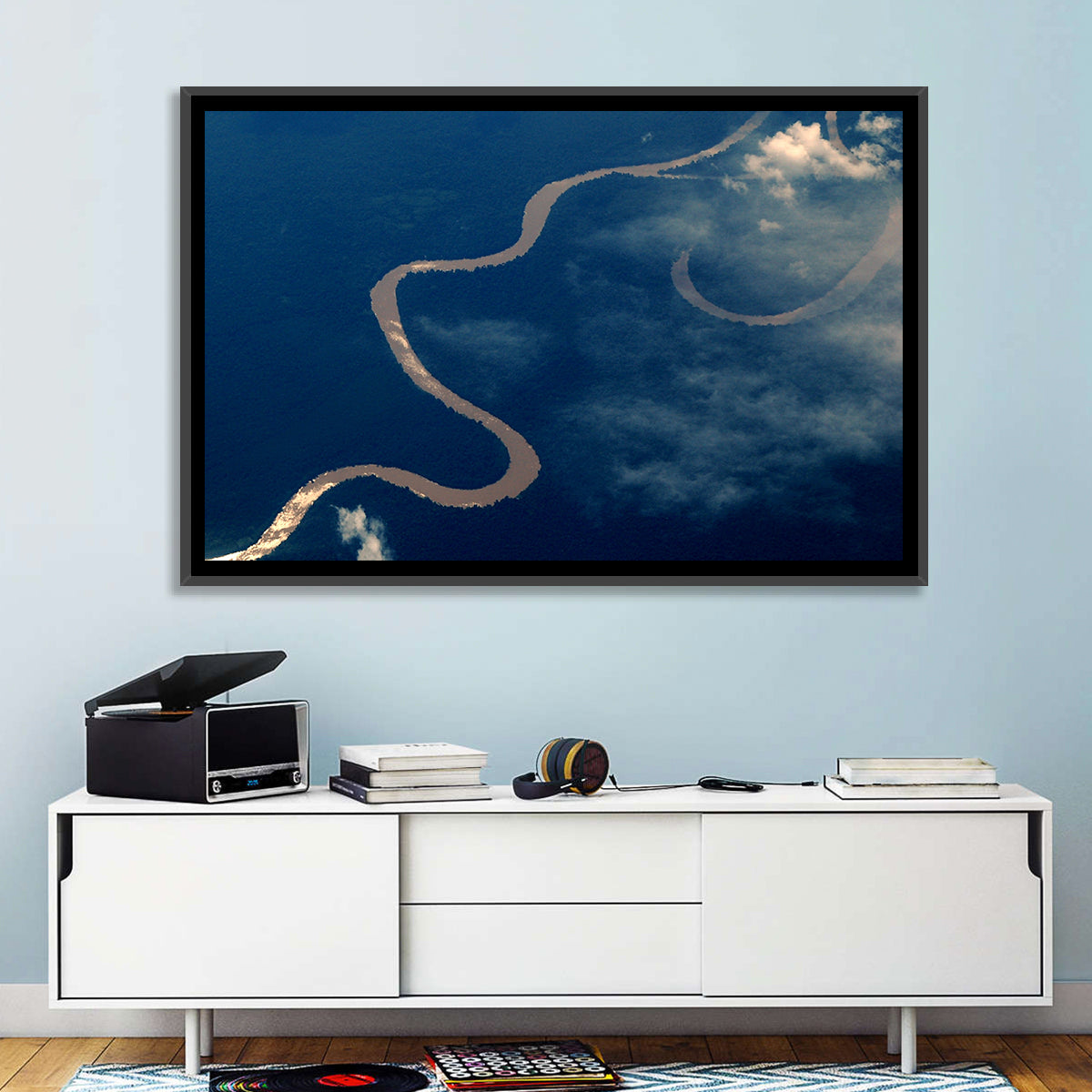 Sunlit Meander of the Amazon River Wall Art in a room, landscape