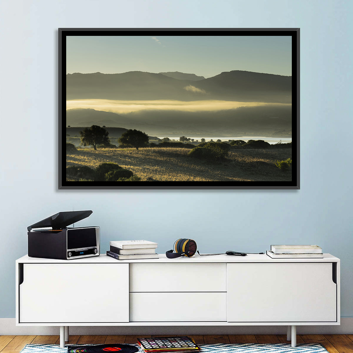 Lake Omodeo Morning Mist Wall Art in a room, landscape