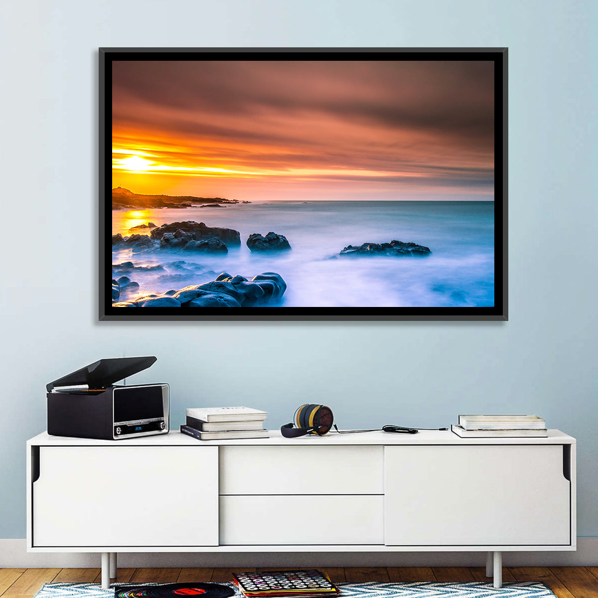 Reykjanes Golden Hour Beach Wall Art in a room, landscape