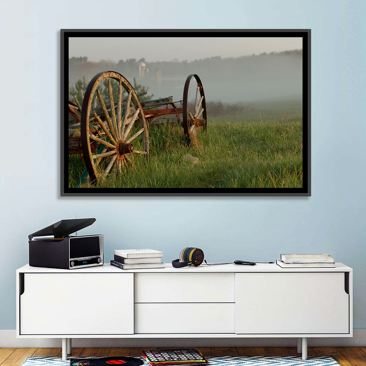 Weathered Wagon in Morning Mist Wall Art in a room, landscape