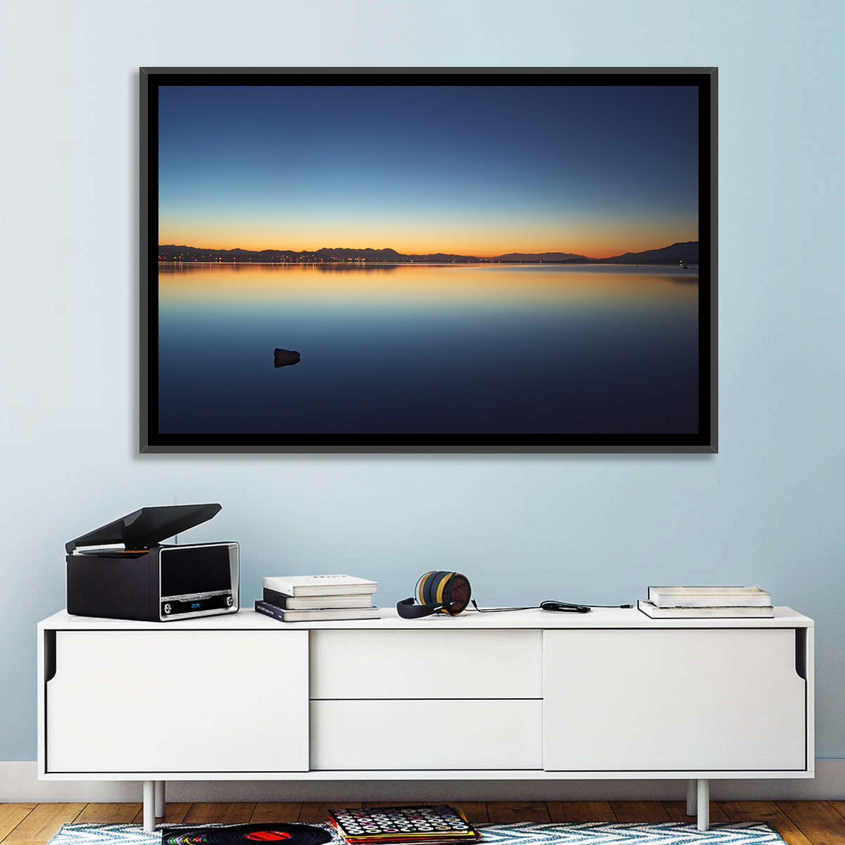 Lake Elsinore Sunset Wall Art in a room, landscape