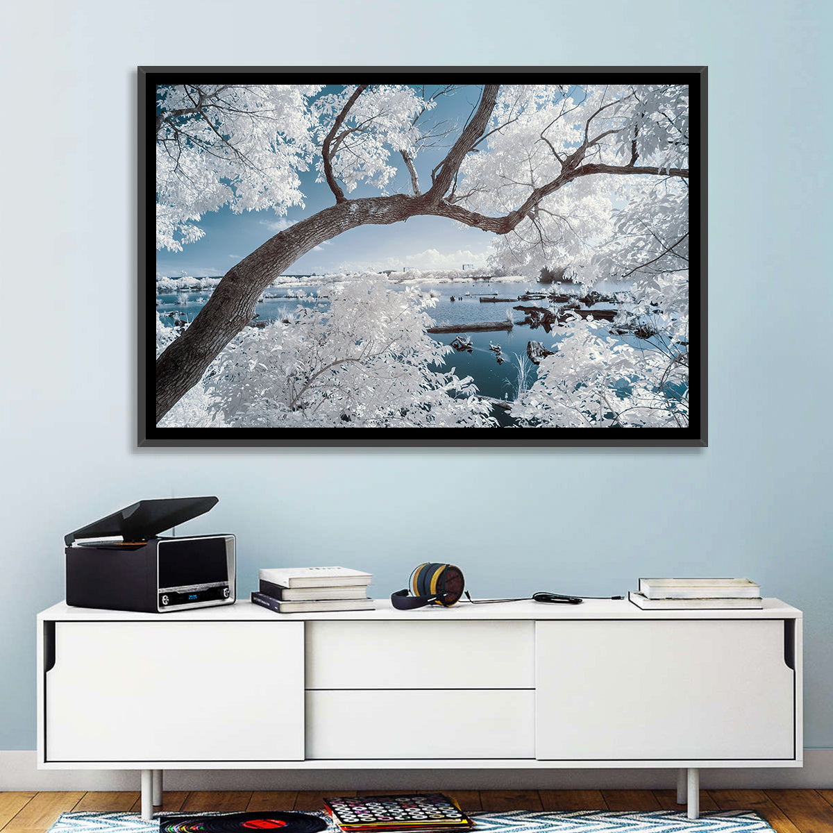 Curving Winter Tree Over Lake Wall Art in a room, landscape