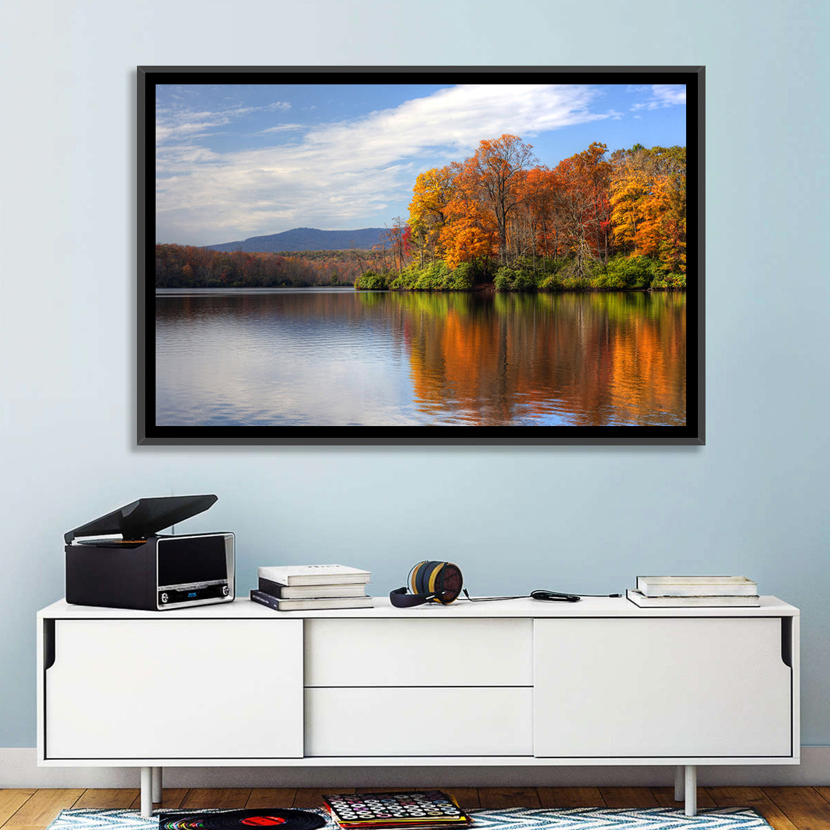 Autumn Lake with Mountain Reflection Wall Art in a room, landscape