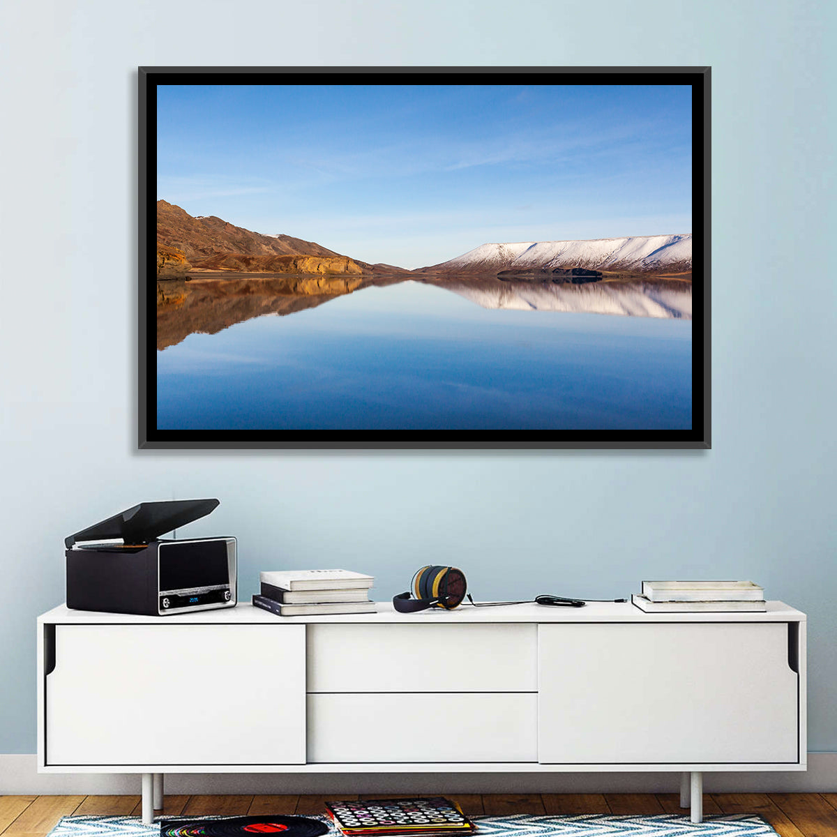 Lake Kleifarvatn Reflection Wall Art in a room, landscape