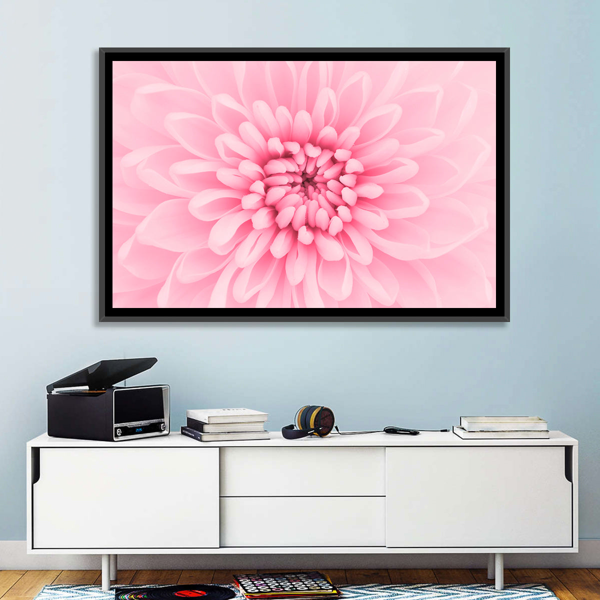 Pink Chrysanthemum Close-up Wall Art in a room, landscape