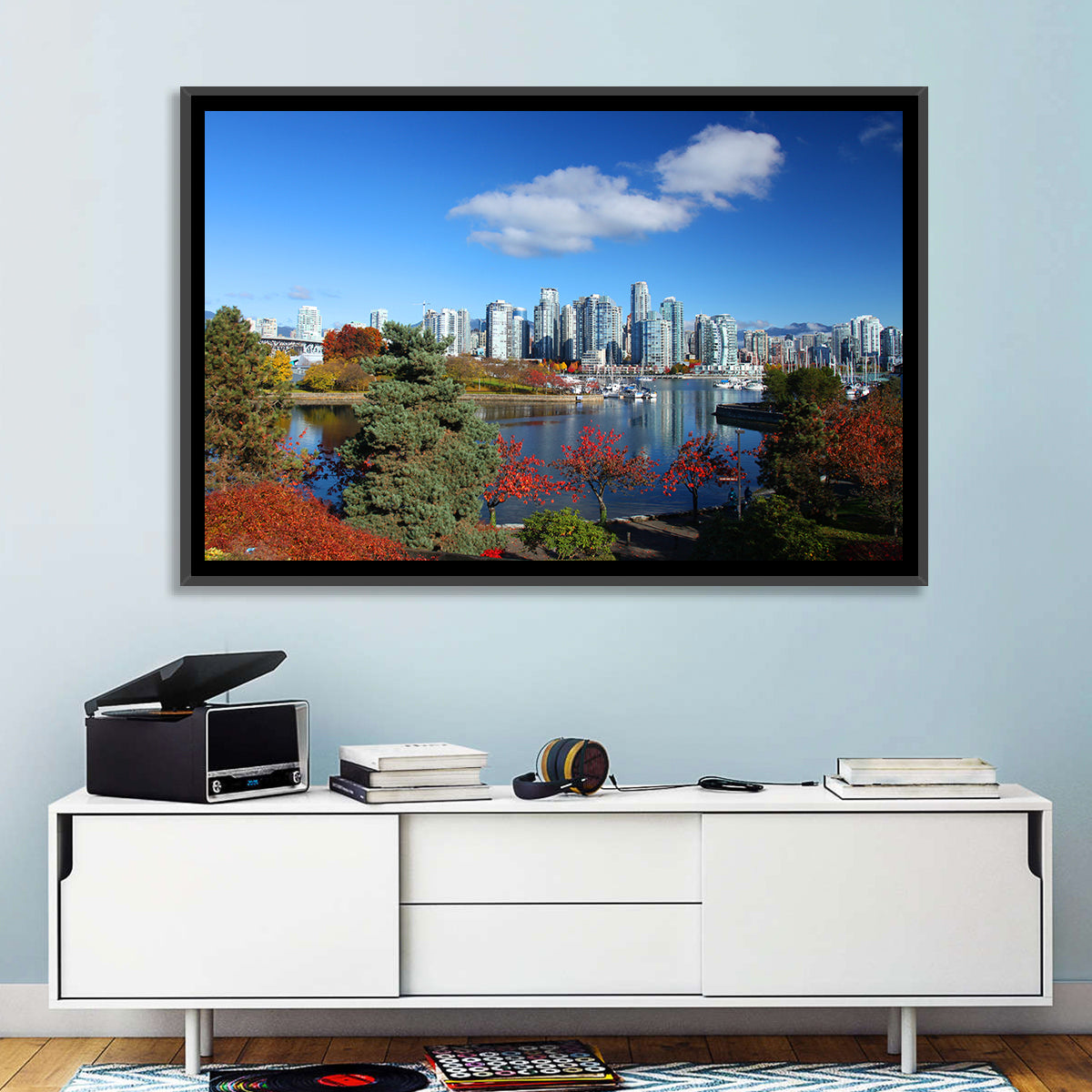 Vancouver Autumn Skyline Wall Art in a room, landscape