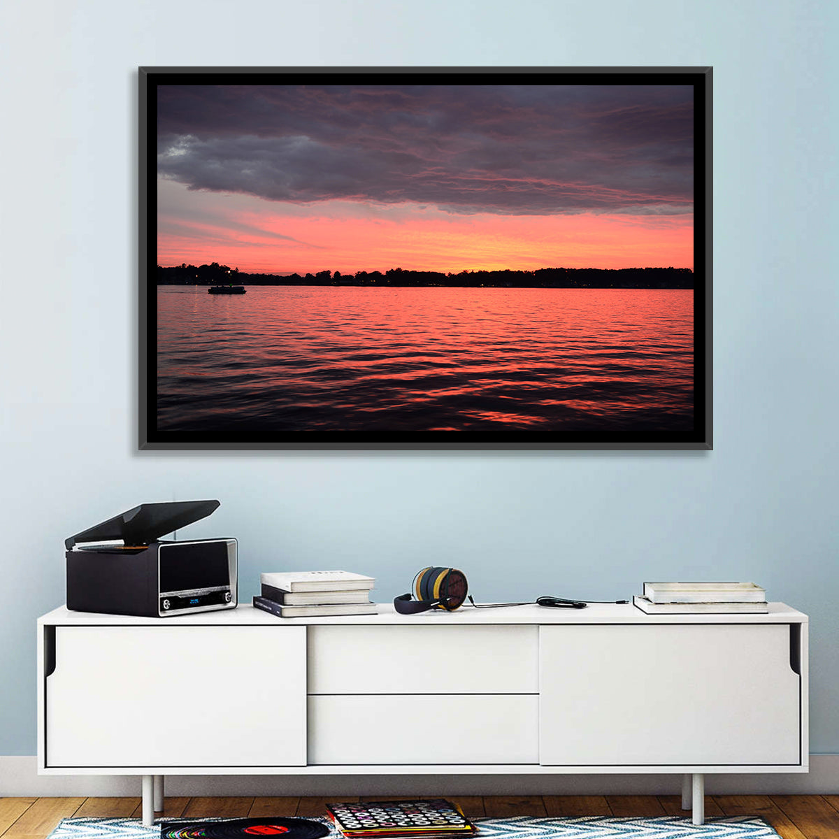 Lake James Sunset with Boat Wall Art in a room, landscape