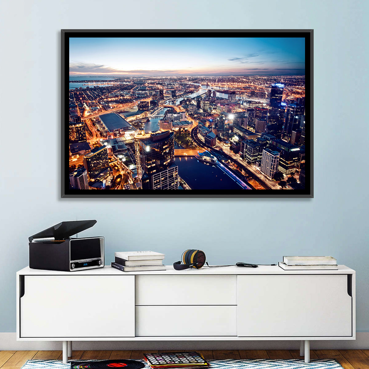 Melbourne Twilight Skyline Wall Art in a room, landscape
