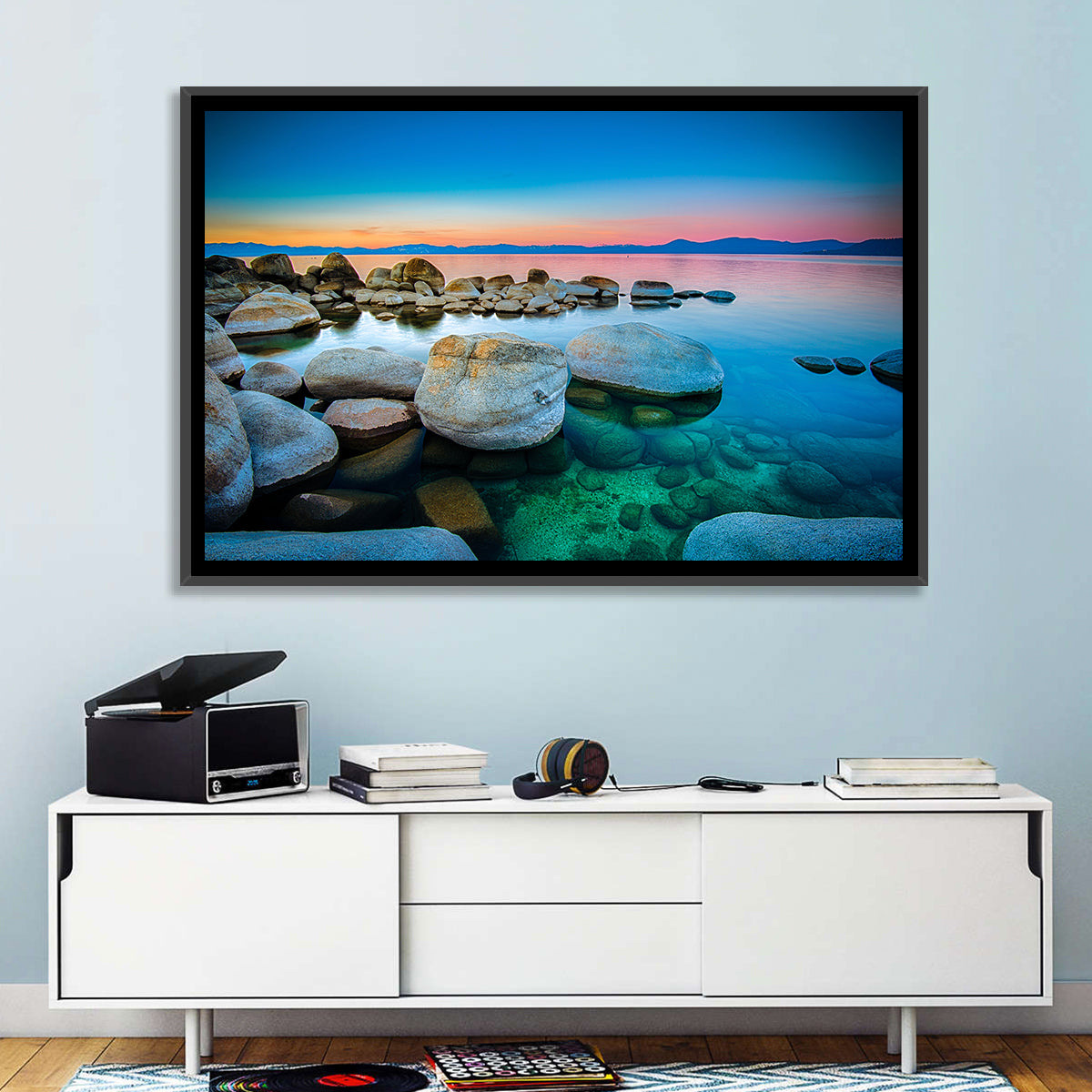 Lake Tahoe Sunset Boulders Wall Art in a room, landscape