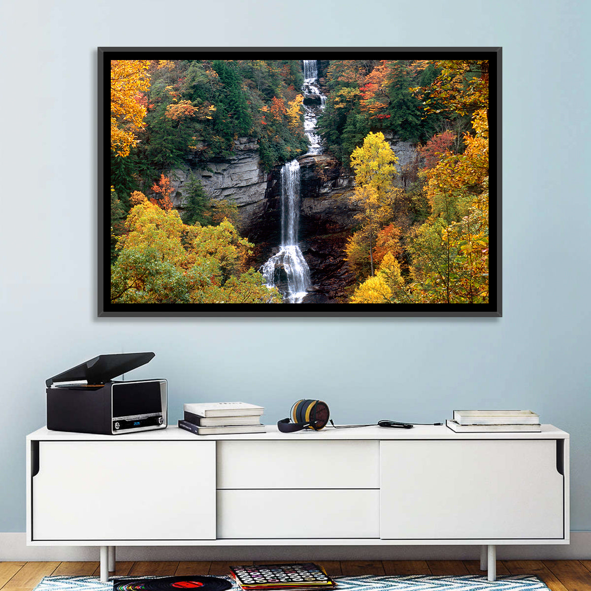 Raven Cliff Waterfall Wall Art in a room, landscape