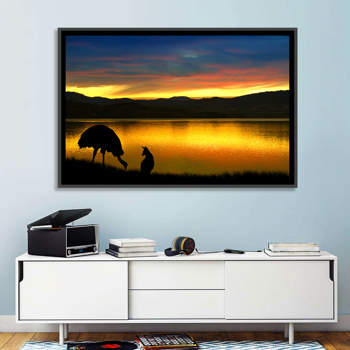 Kangaroo and Emu at Lake Sunset Wall Art in a room, landscape