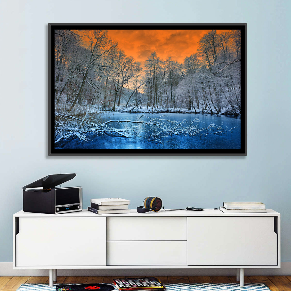 Sunset Over Winter Forest Lake Wall Art in a room, landscape