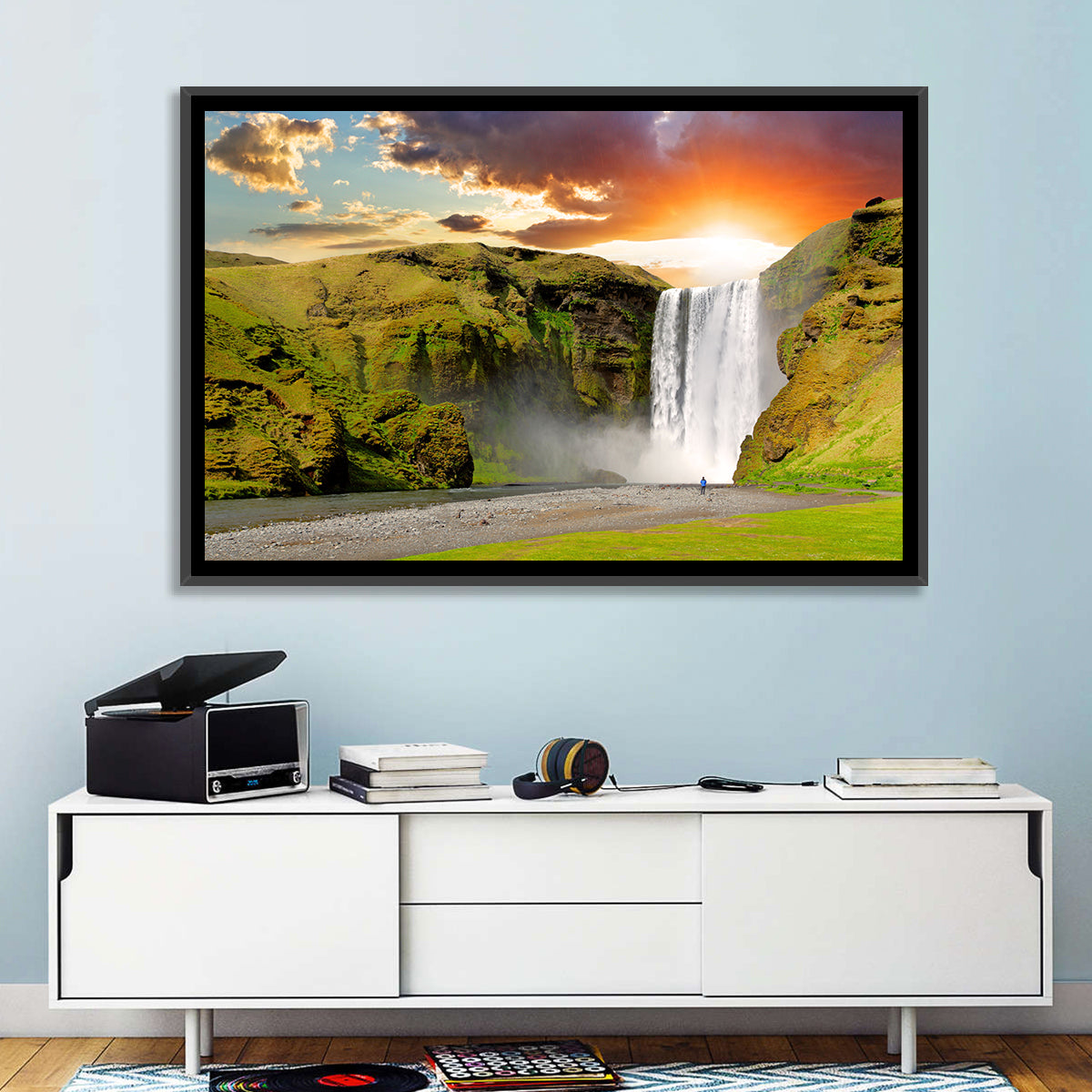 Skógafoss at Sunset Wall Art in a room, landscape