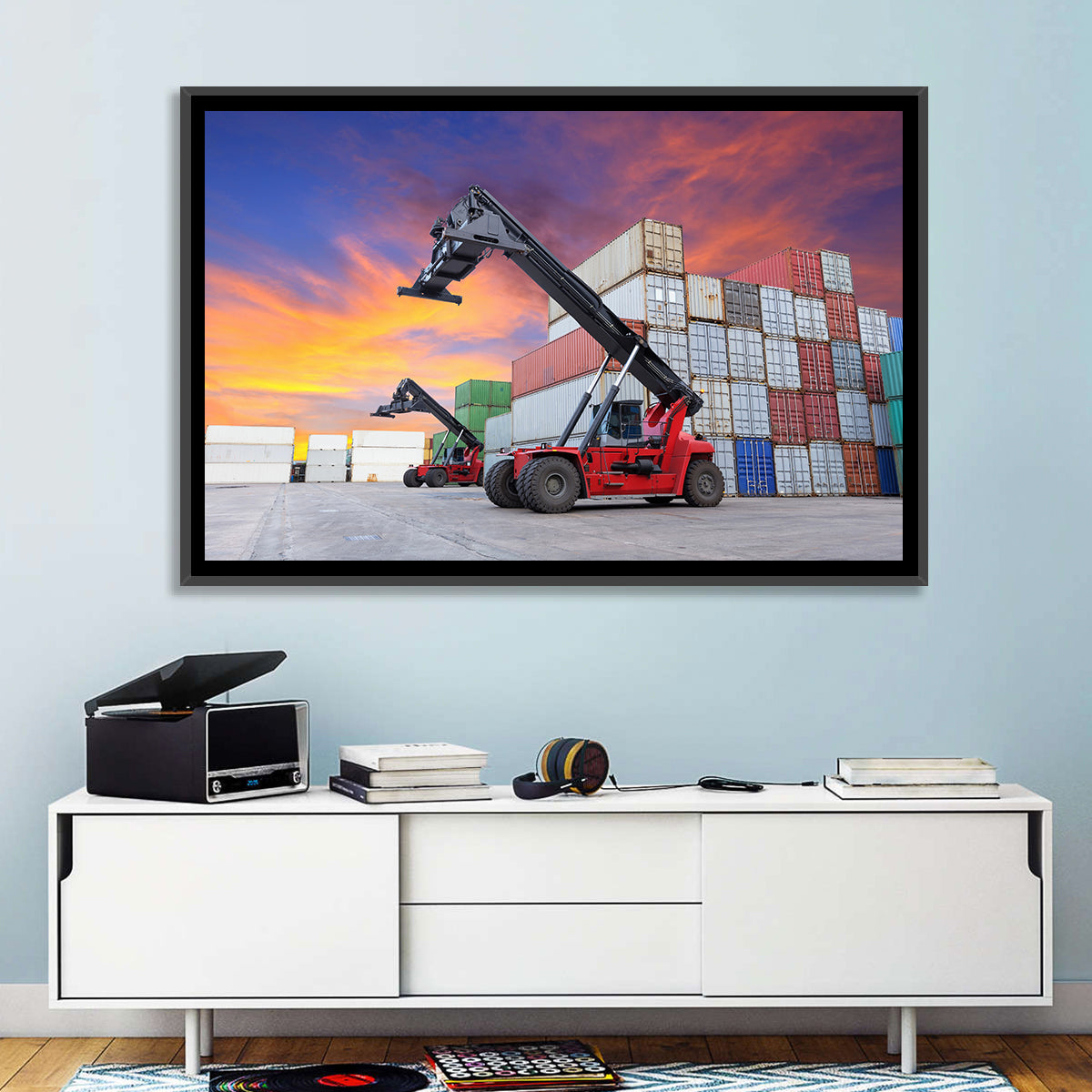 Red Reach Stackers at Sunset Wall Art in a room, landscape