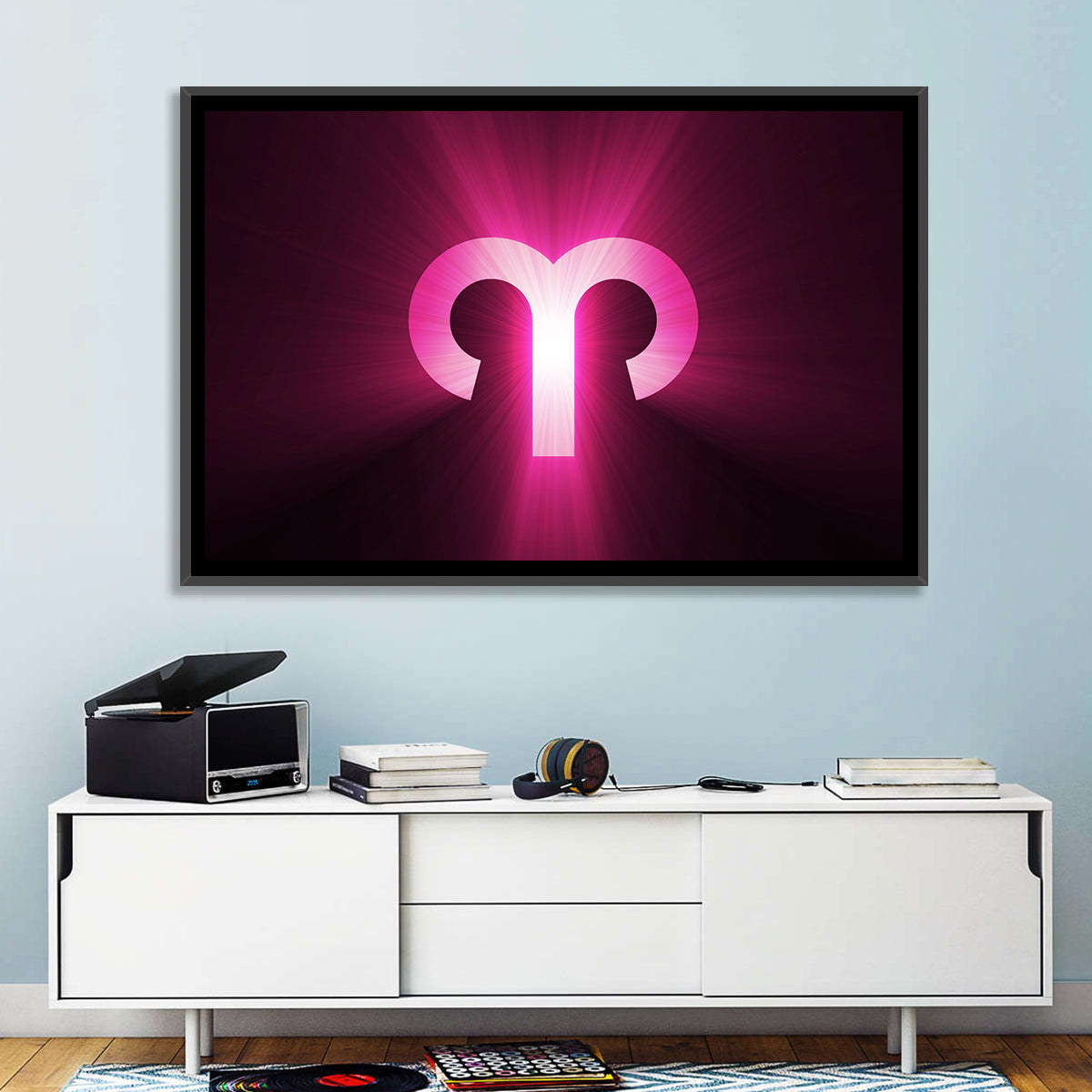 Radiant Aries Zodiac Emblem Wall Art in a room, landscape