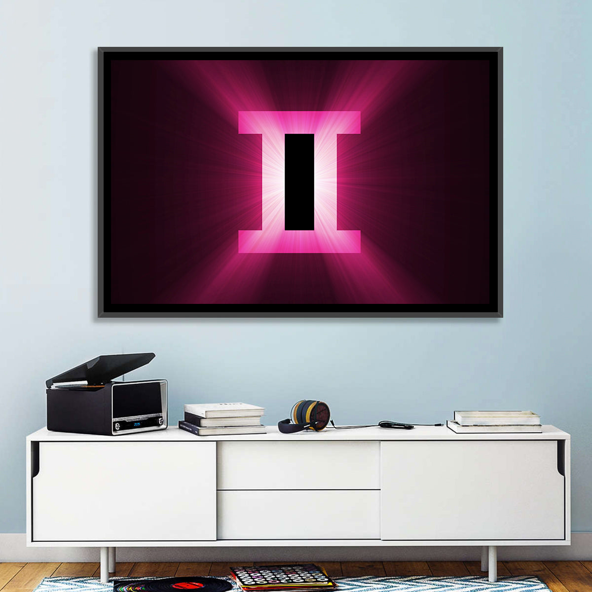 Radiant Gemini Symbol Wall Art in a room, landscape