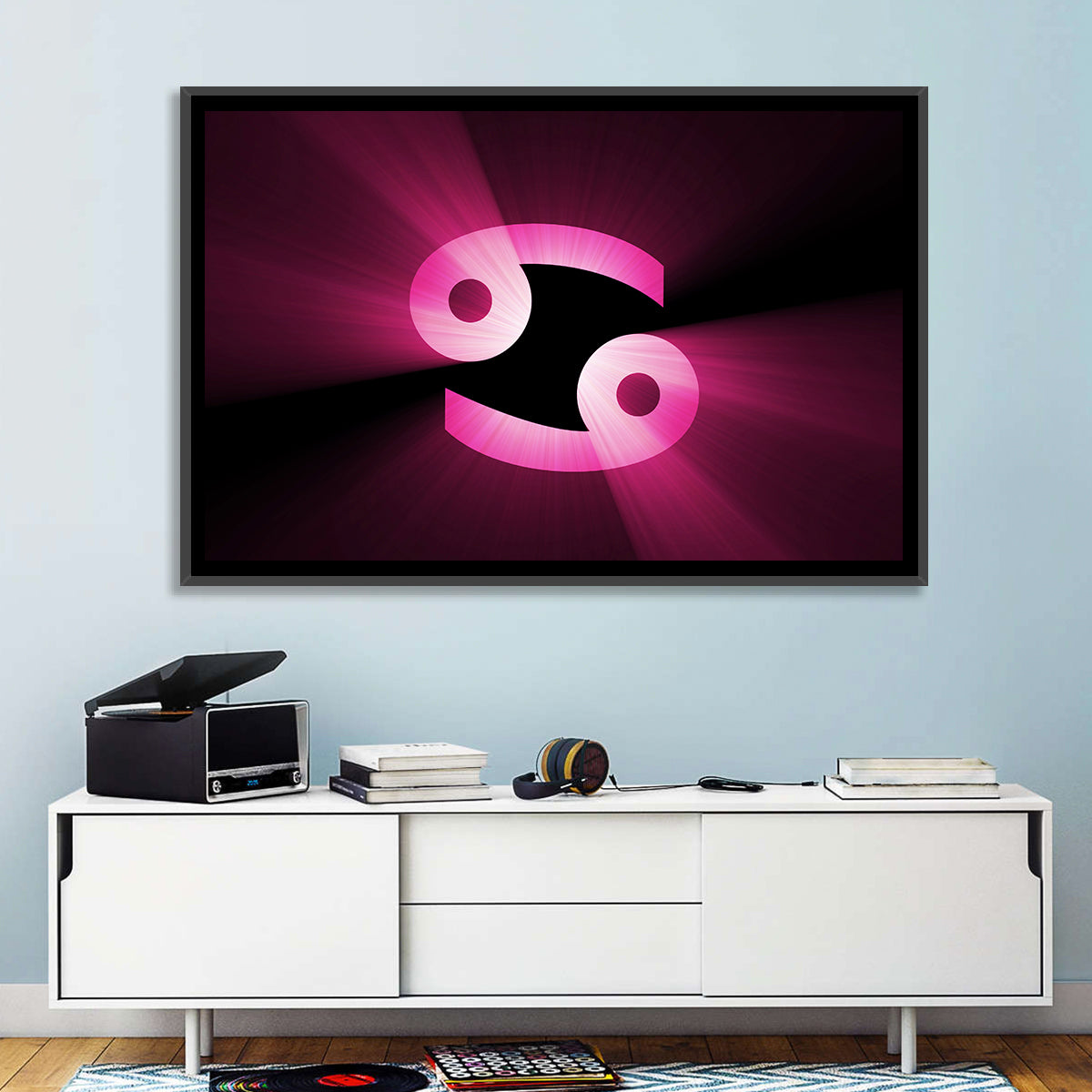 Glowing Pink Cancer Symbol Wall Art in a room, landscape