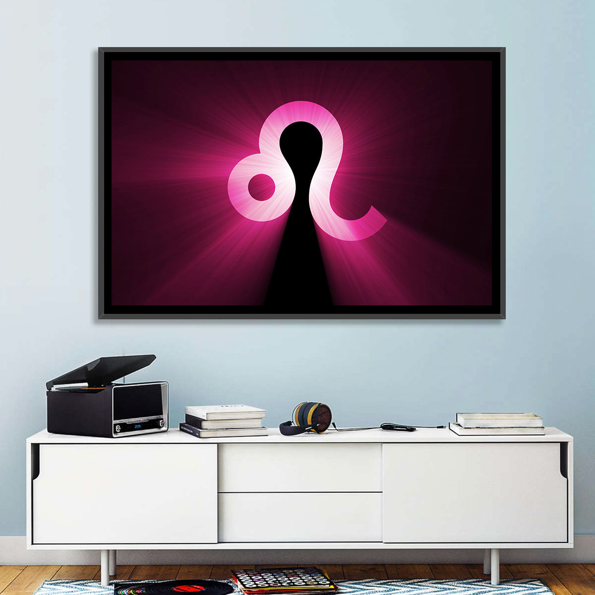 Glowing Magenta Leo Symbol Wall Art in a room, landscape