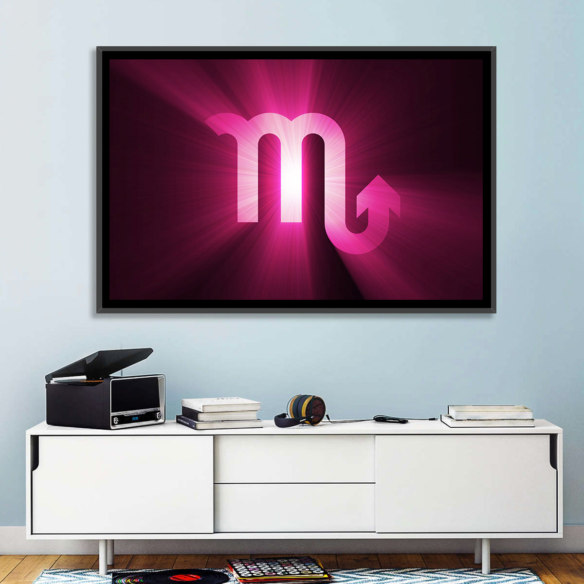 Scorpio Glyph with Magenta Burst Wall Art in a room, landscape