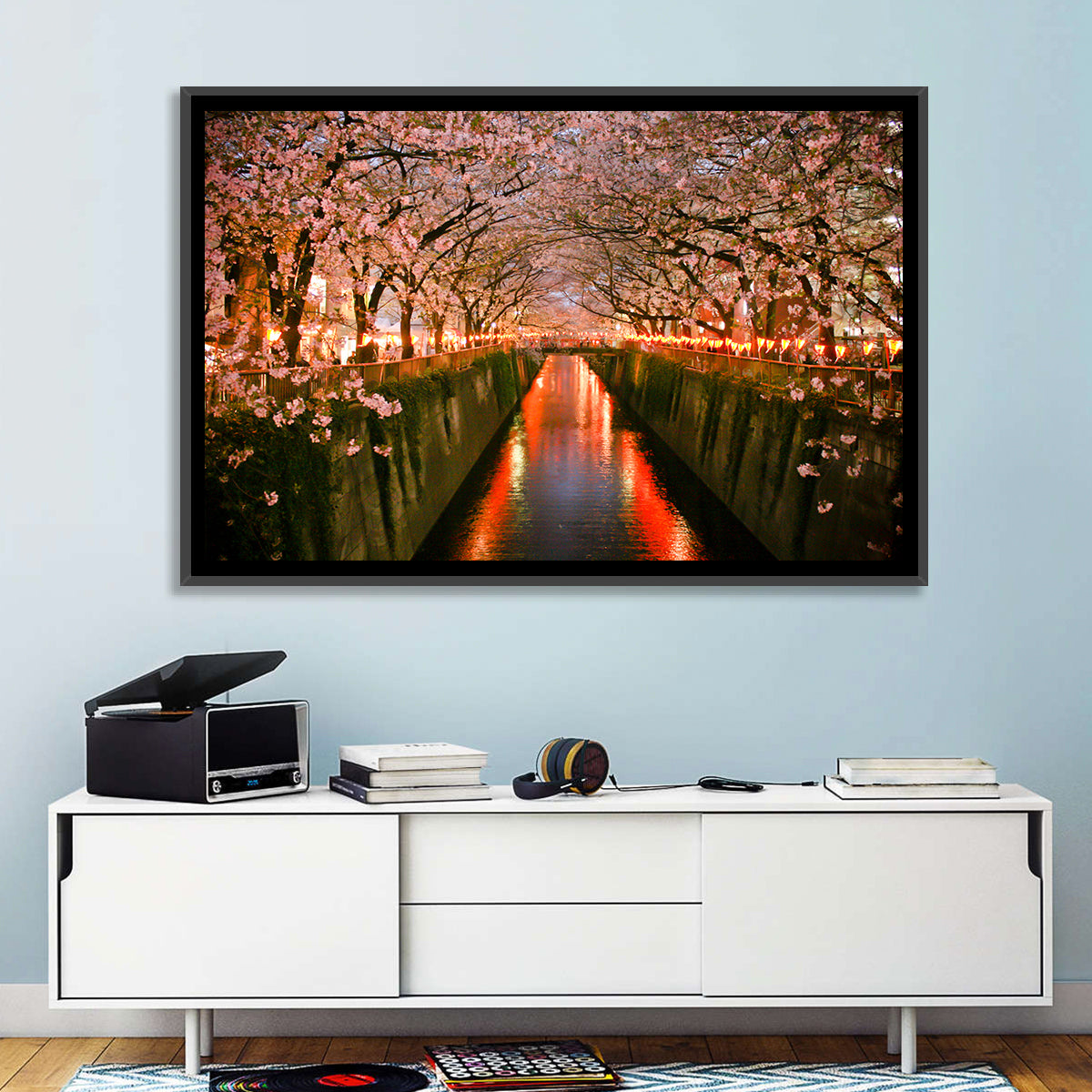 Meguro River Cherry Blossoms Wall Art in a room, landscape
