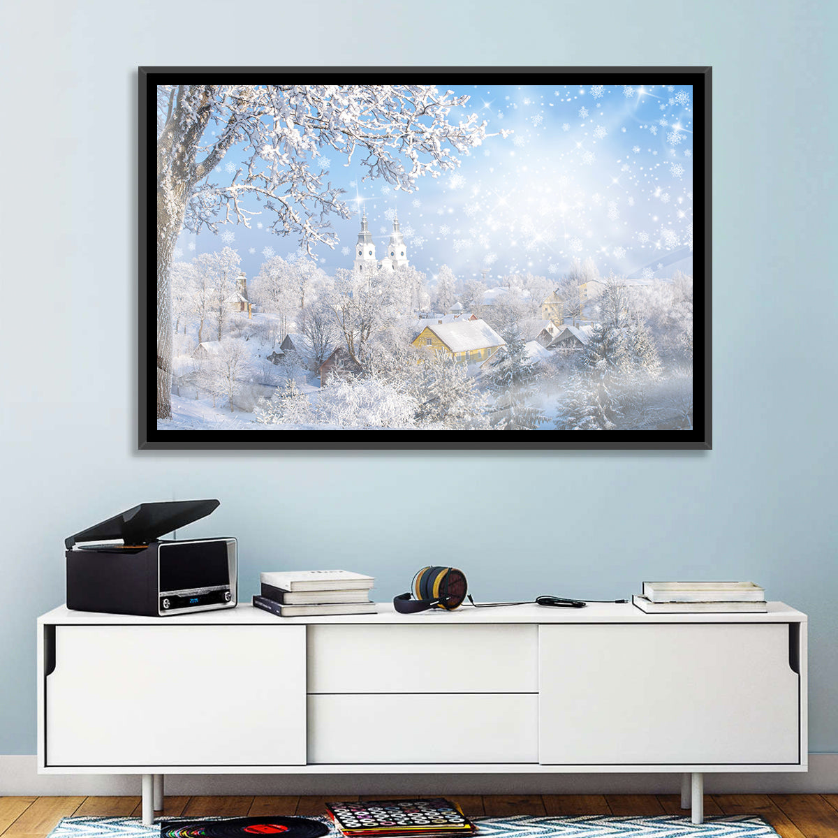 Frosted Village Wall Art in a room, landscape