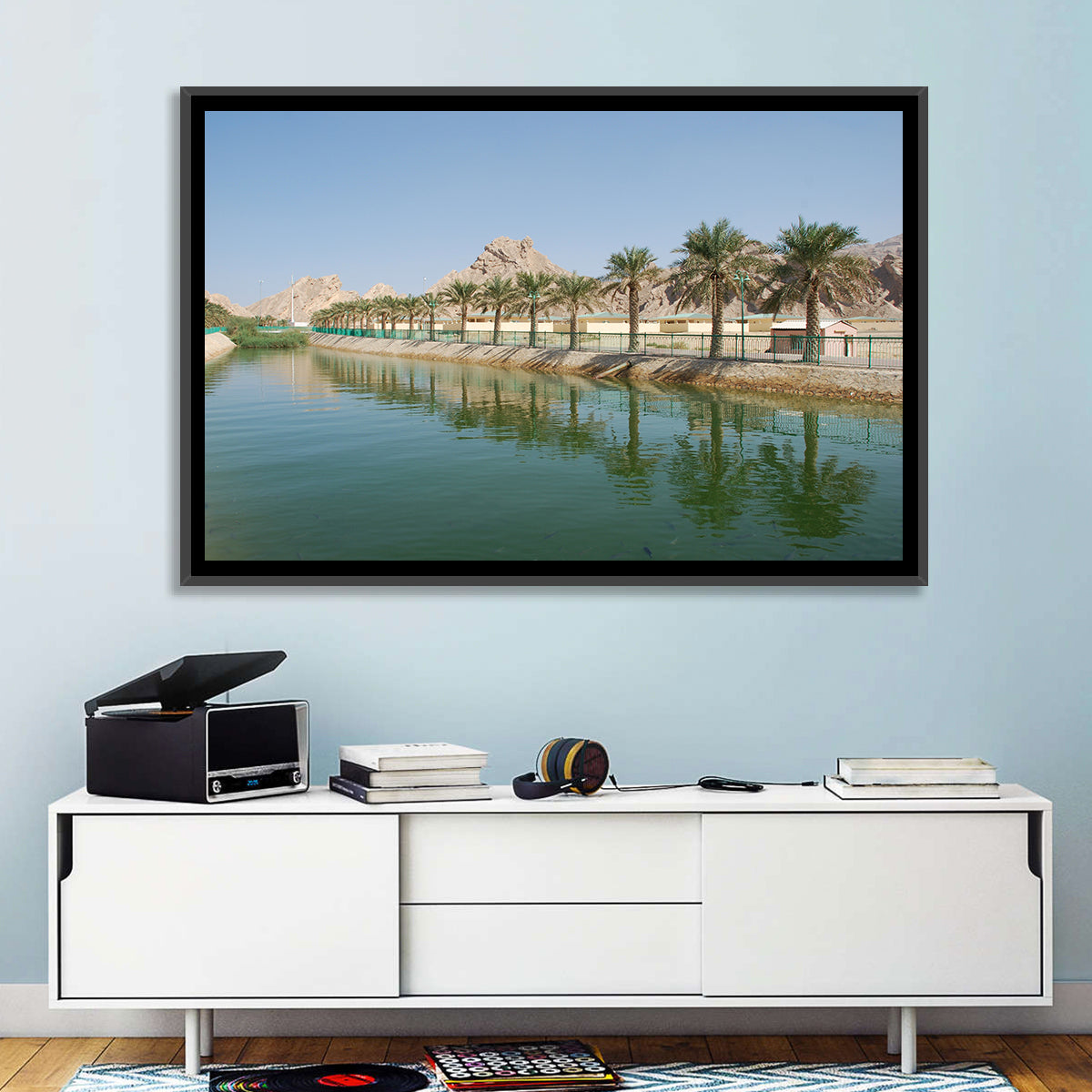 Palm Lake Reflections Wall Art in a room, landscape