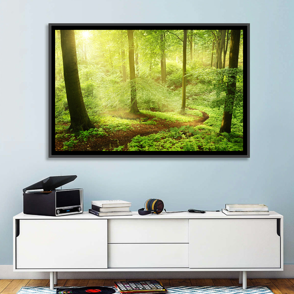 Sunlit Forest Path Wall Art in a room, landscape