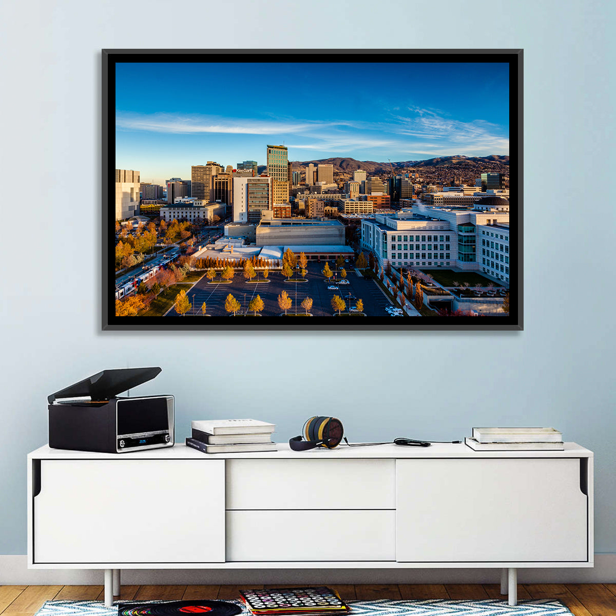 Salt Lake City Skyline at Golden Hour Wall Art in a room, landscape