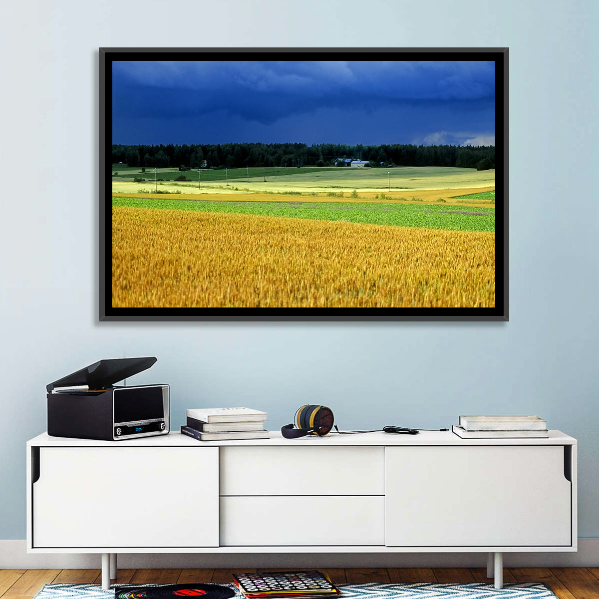 Cornfields Under Stormy Sky Wall Art in a room, landscape