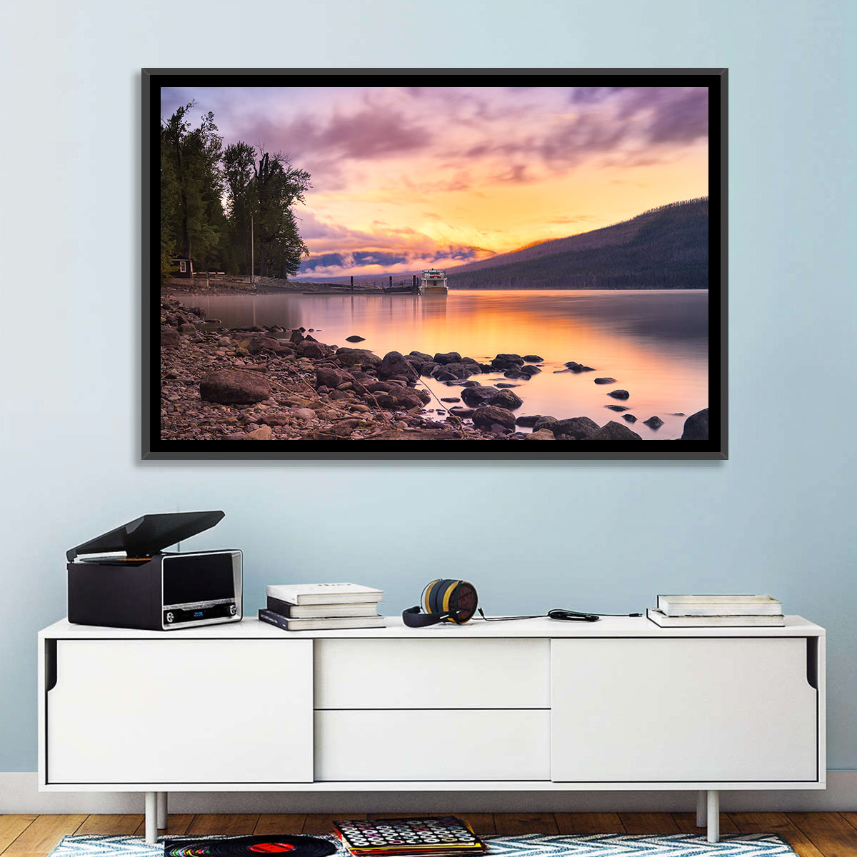 Lake Mcdonald Sunset Reflection Wall Art in a room, landscape